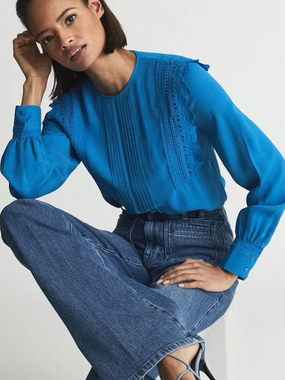 REISS Bexley Fabric Interest Top Cobalt Blue Pleated Long Sleeve Lace Blouse 6